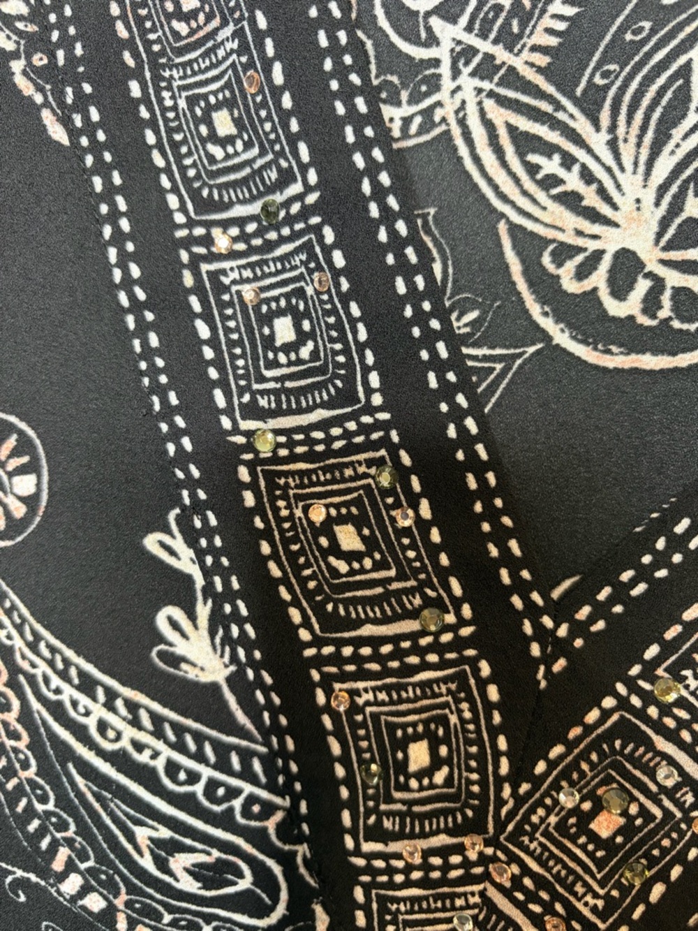 Belle Kim Gravel Bandana Print Top Black White Pink Bling Boho Chic Sz L - Picture 5 of 8
